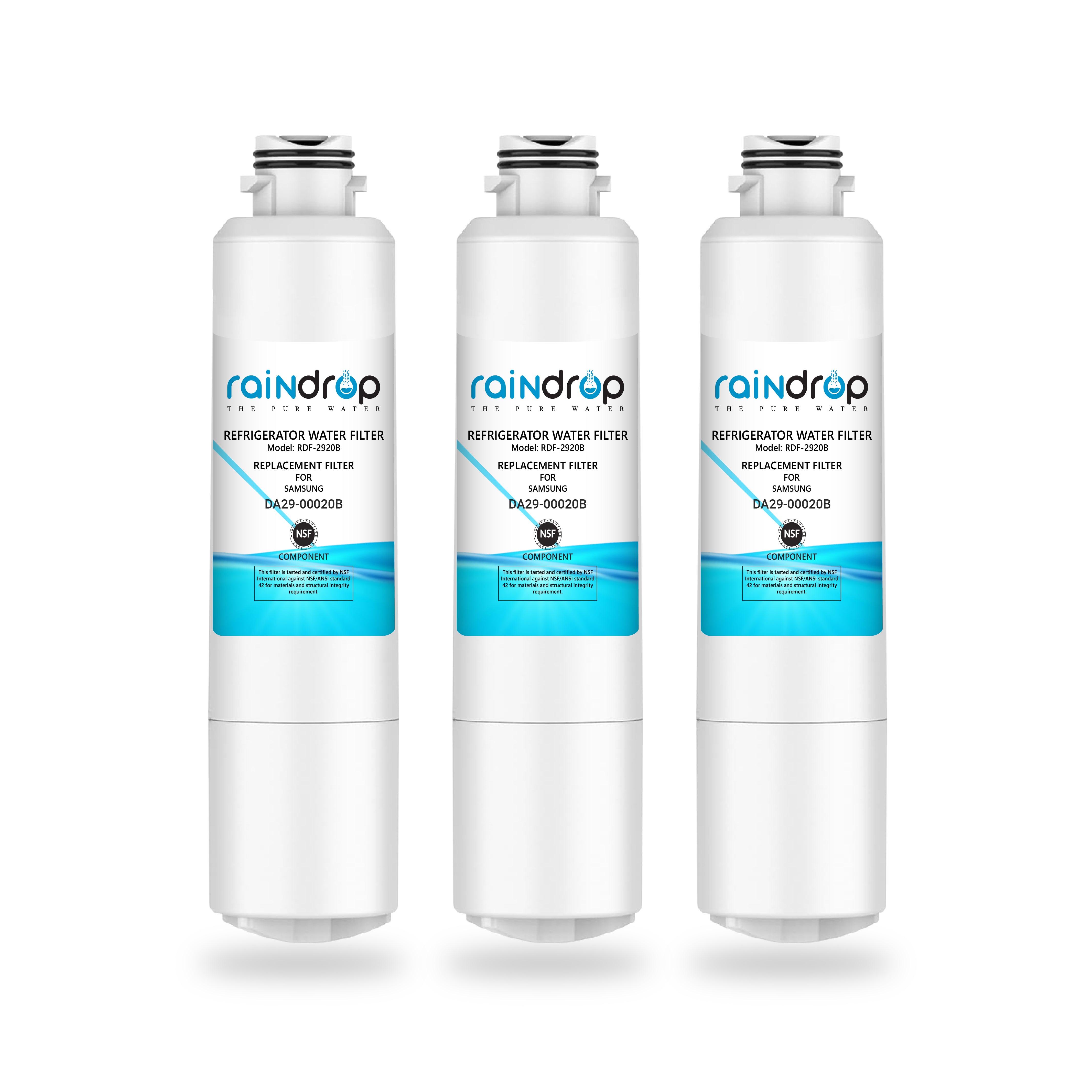 Cutaway view of Raindrop RDF-2920B water filter showing multi-layer filtration and activated carbon block.